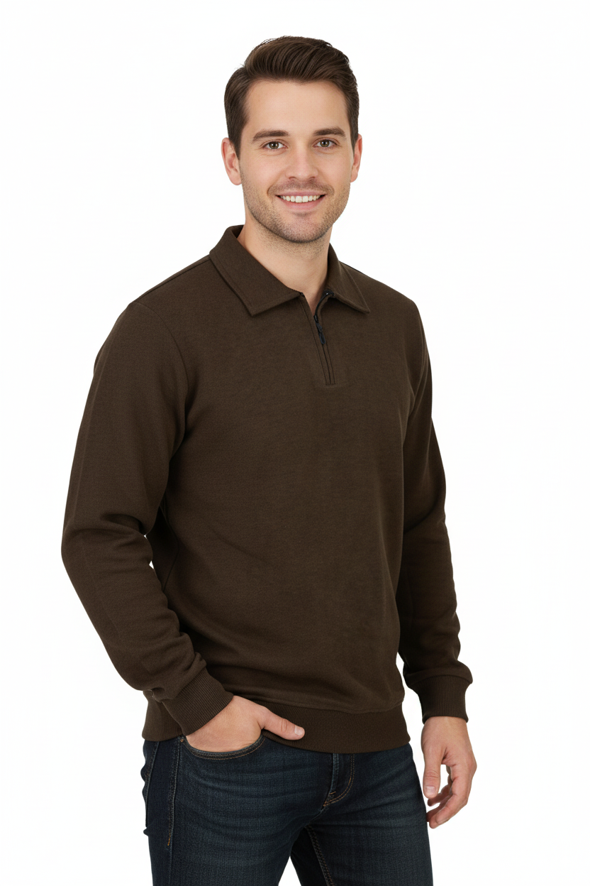 Erkek Kışlık Kazak Pamuklu Dokuma Yarım Fermuarlı Polo Yaka Uzun Kollu Düz Renk Rahat Kesim