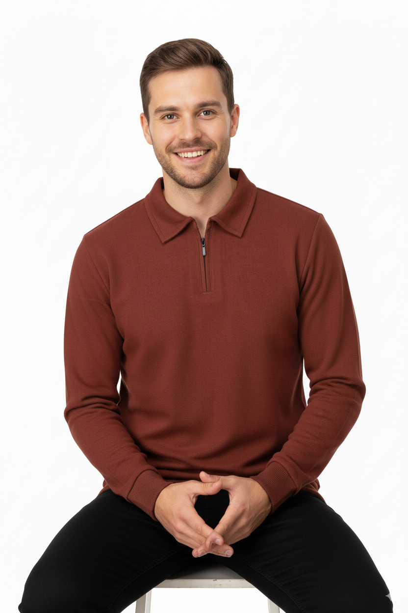 Erkek Kışlık Kazak Pamuklu Dokuma Yarım Fermuarlı Polo Yaka Uzun Kollu Düz Renk Rahat Kesim