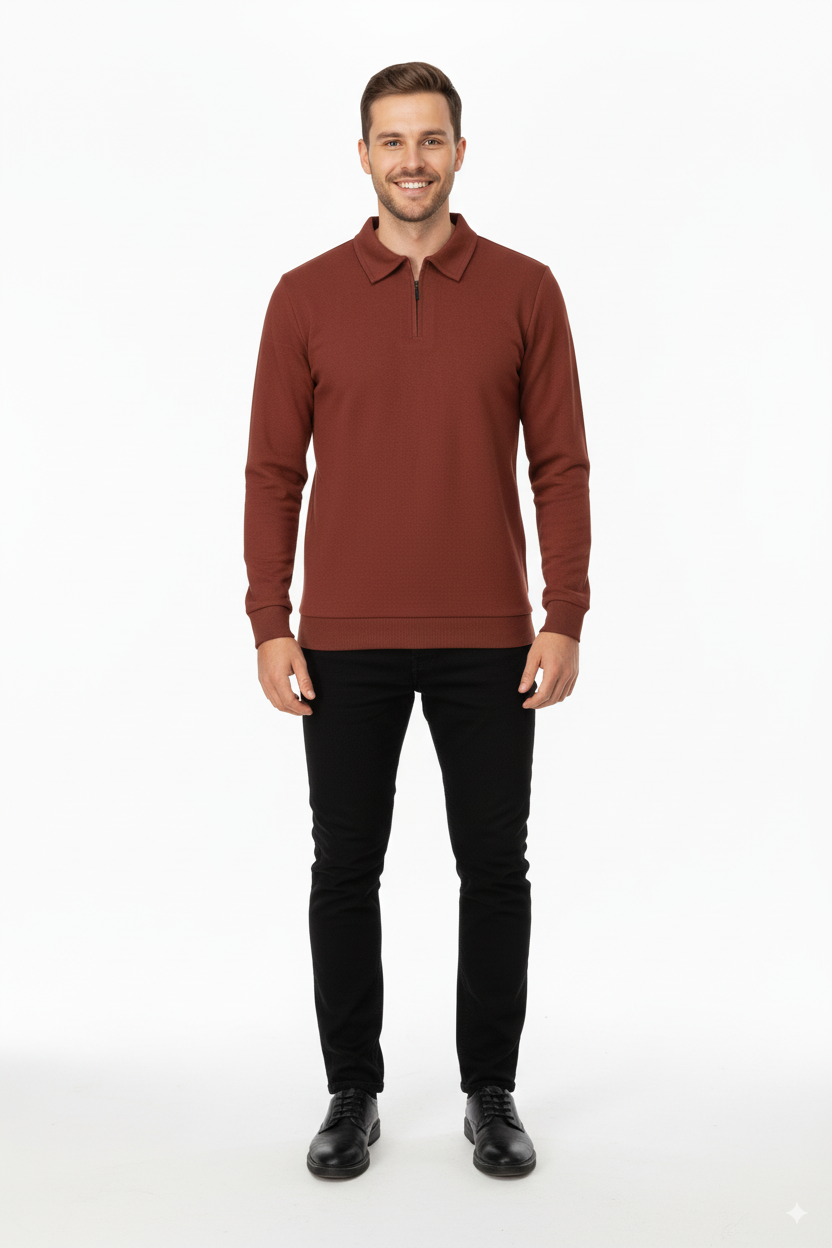 Erkek Kışlık Kazak Pamuklu Dokuma Yarım Fermuarlı Polo Yaka Uzun Kollu Düz Renk Rahat Kesim