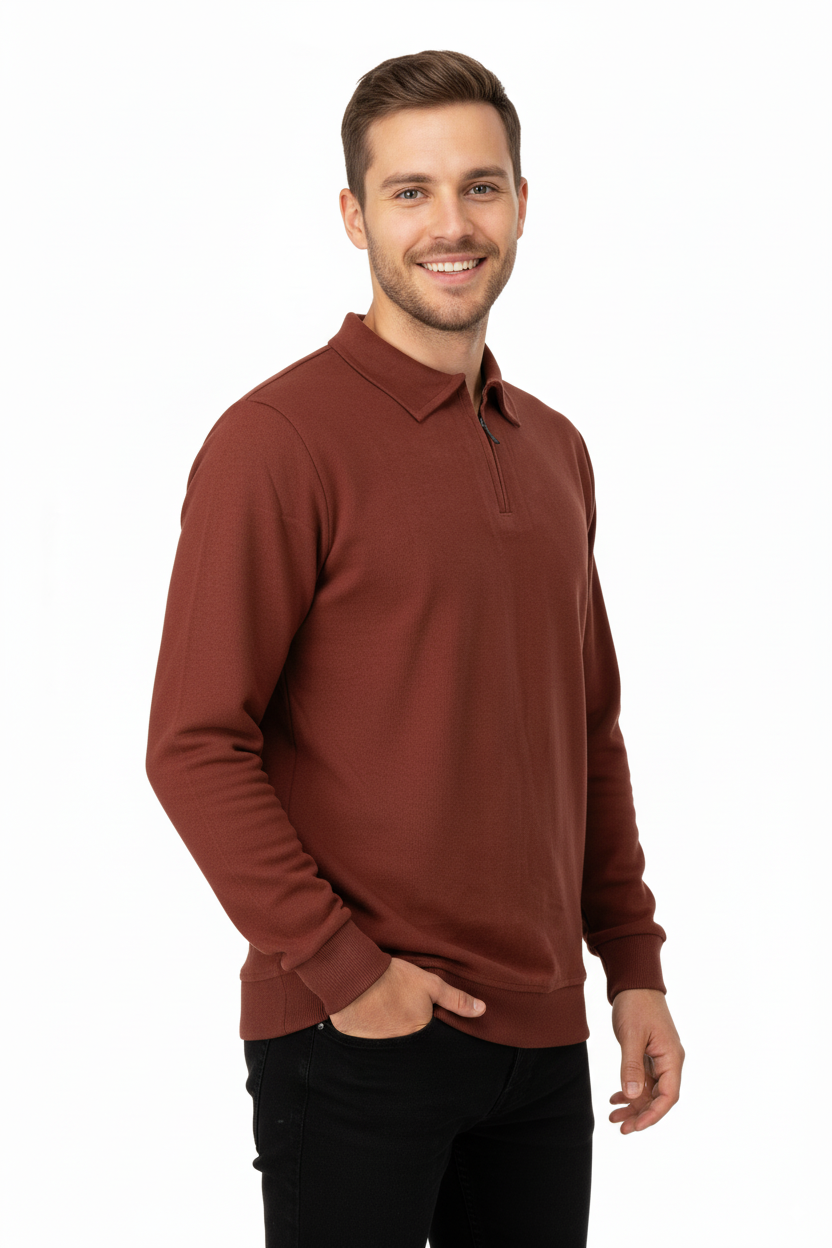 Erkek Kışlık Kazak Pamuklu Dokuma Yarım Fermuarlı Polo Yaka Uzun Kollu Düz Renk Rahat Kesim