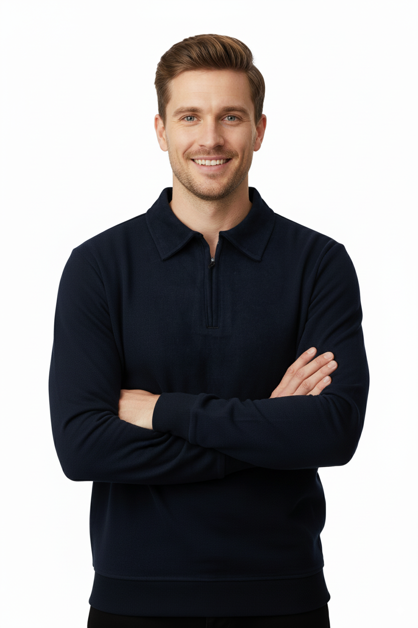 Erkek Kışlık Kazak Pamuklu Dokuma Yarım Fermuarlı Polo Yaka Uzun Kollu Düz Renk Rahat Kesim