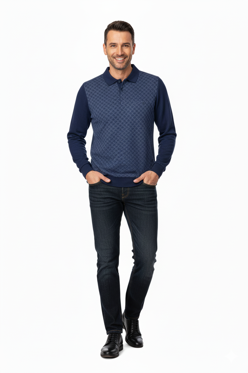 Erkek Kışlık Kazak Pamuklu Düğmeli Polo Yaka Cepli Uzun Kollu Klasik Desenli Rahat Kesim