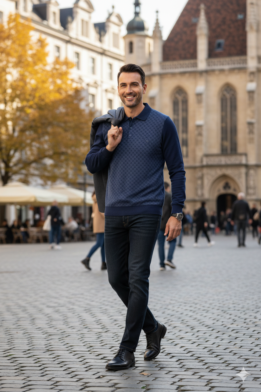 Erkek Kışlık Kazak Pamuklu Düğmeli Polo Yaka Cepli Uzun Kollu Klasik Desenli Rahat Kesim