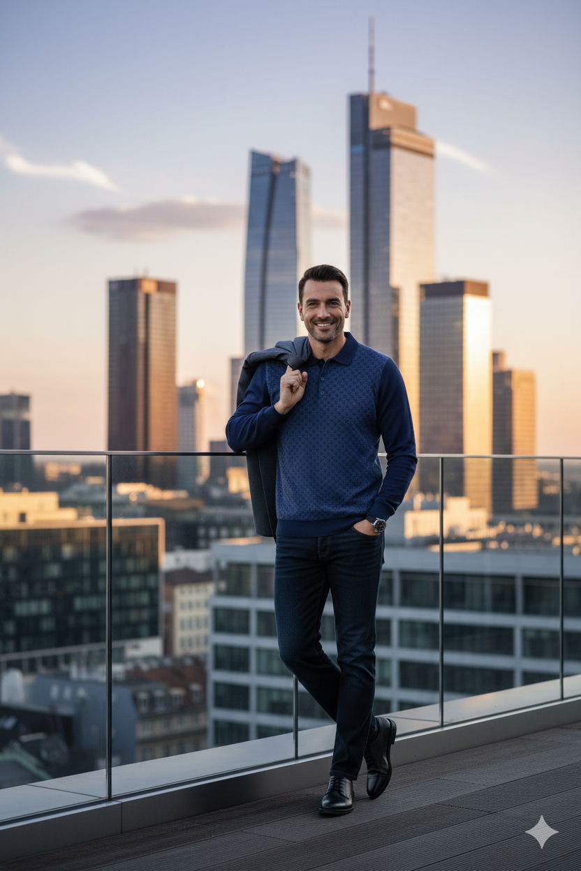 Erkek Kışlık Kazak Pamuklu Düğmeli Polo Yaka Cepli Uzun Kollu Klasik Desenli Rahat Kesim