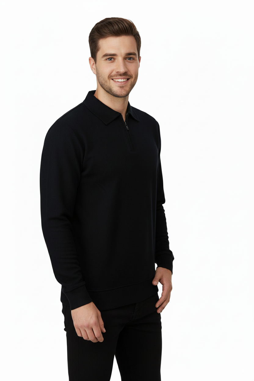 Erkek Kışlık Kazak Pamuklu Dokuma Yarım Fermuarlı Polo Yaka Uzun Kollu Düz Renk Rahat Kesim