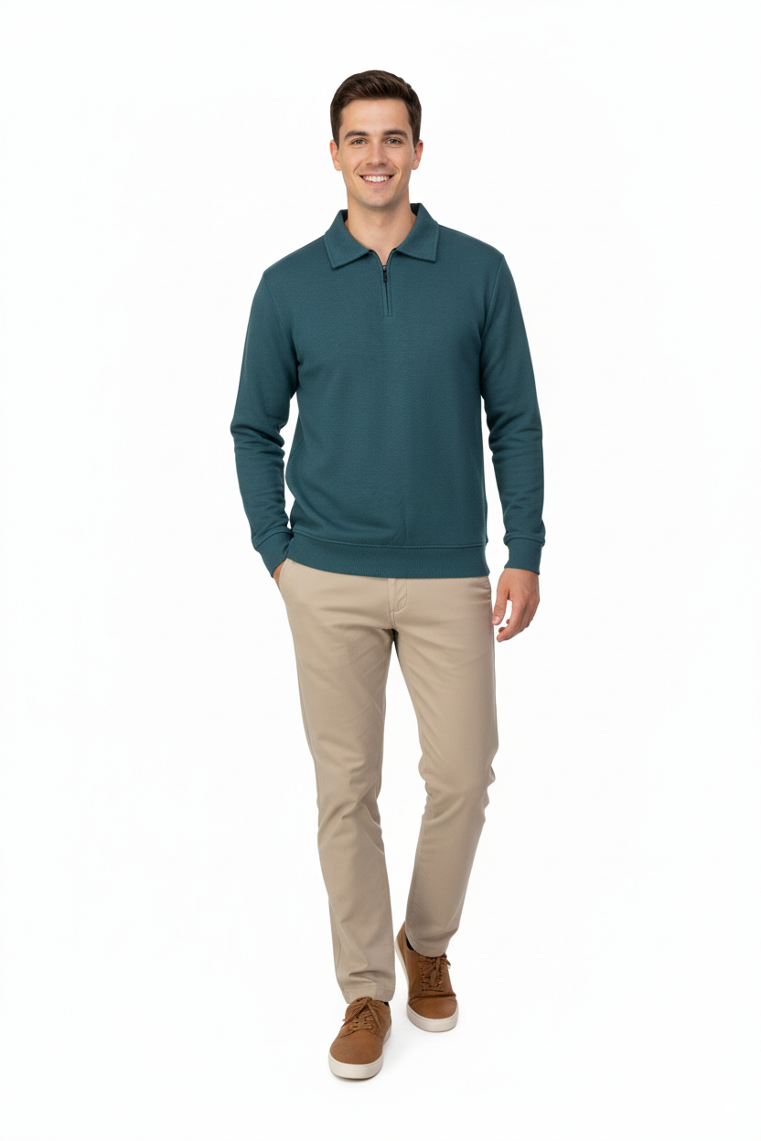 Erkek Kışlık Kazak Pamuklu Dokuma Yarım Fermuarlı Polo Yaka Uzun Kollu Düz Renk Rahat Kesim