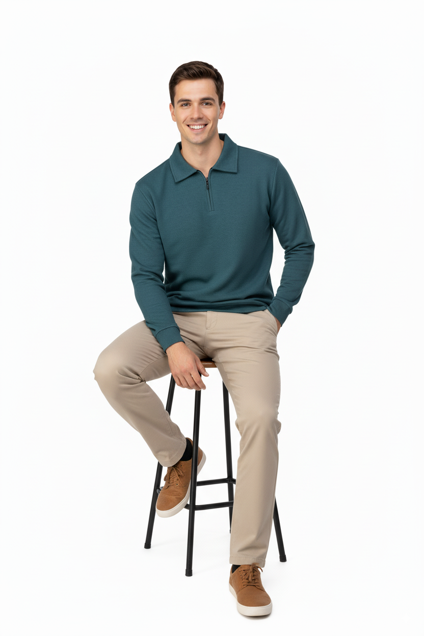 Erkek Kışlık Kazak Pamuklu Dokuma Yarım Fermuarlı Polo Yaka Uzun Kollu Düz Renk Rahat Kesim