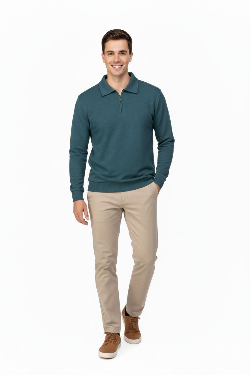 Erkek Kışlık Kazak Pamuklu Dokuma Yarım Fermuarlı Polo Yaka Uzun Kollu Düz Renk Rahat Kesim