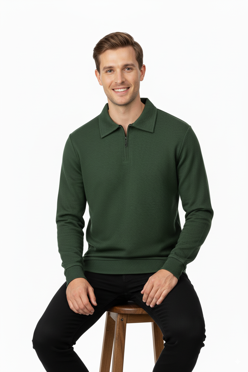 Erkek Kışlık Kazak Pamuklu Dokuma Yarım Fermuarlı Polo Yaka Uzun Kollu Düz Renk Rahat Kesim