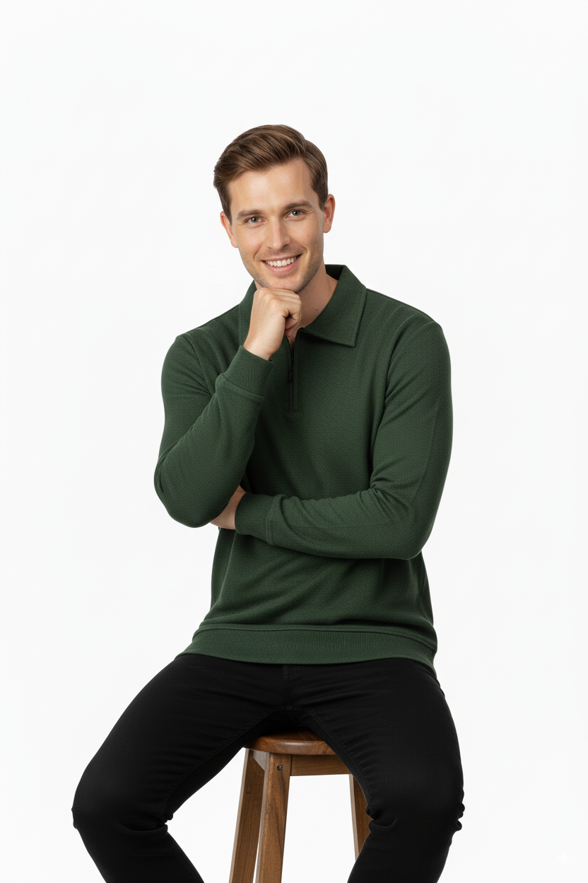 Erkek Kışlık Kazak Pamuklu Dokuma Yarım Fermuarlı Polo Yaka Uzun Kollu Düz Renk Rahat Kesim