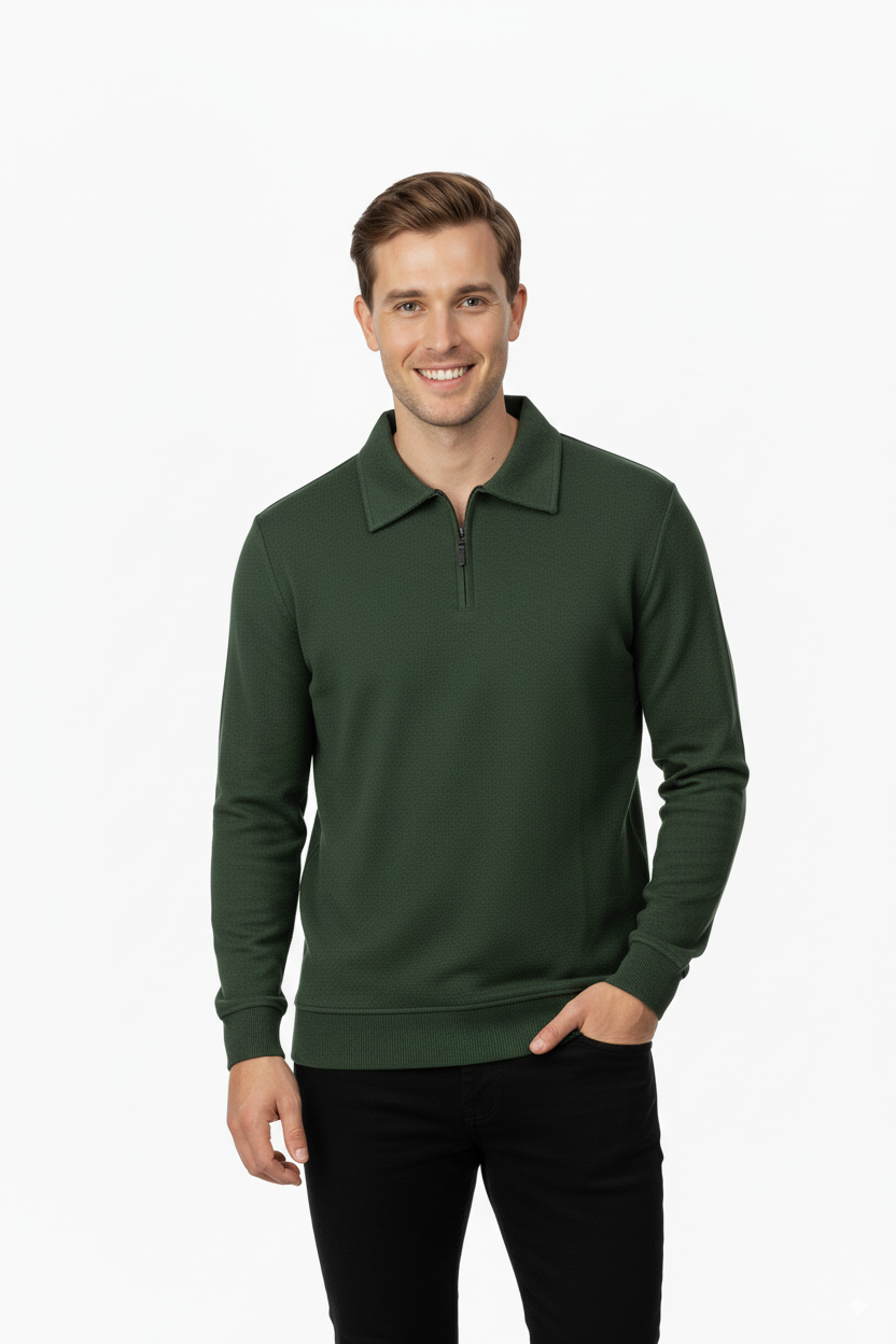 Erkek Kışlık Kazak Pamuklu Dokuma Yarım Fermuarlı Polo Yaka Uzun Kollu Düz Renk Rahat Kesim