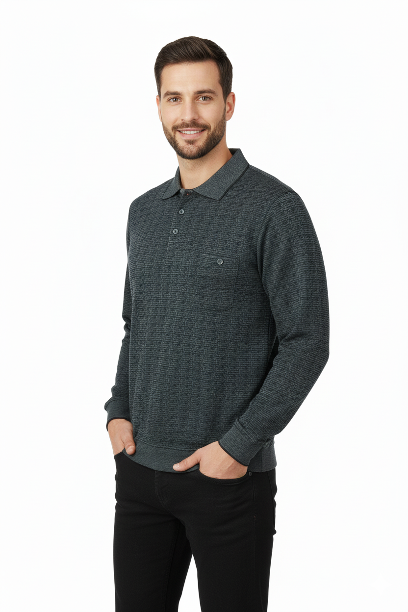 Erkek Mevsimlik Kazak Pamuklu Dokuma Düğmeli Polo Yaka Cepli Uzun Kollu Kırçıl Desenli Rahat