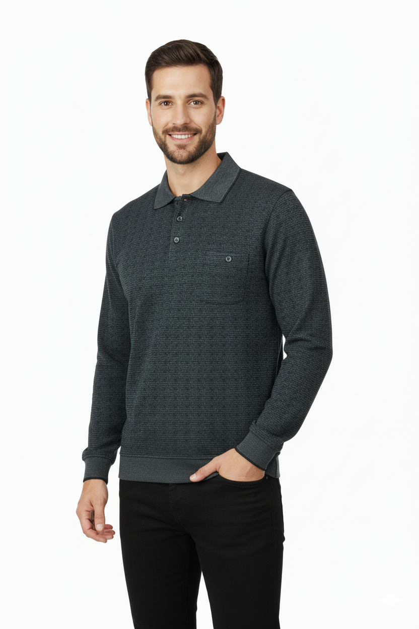 Erkek Mevsimlik Kazak Pamuklu Dokuma Düğmeli Polo Yaka Cepli Uzun Kollu Kırçıl Desenli Rahat