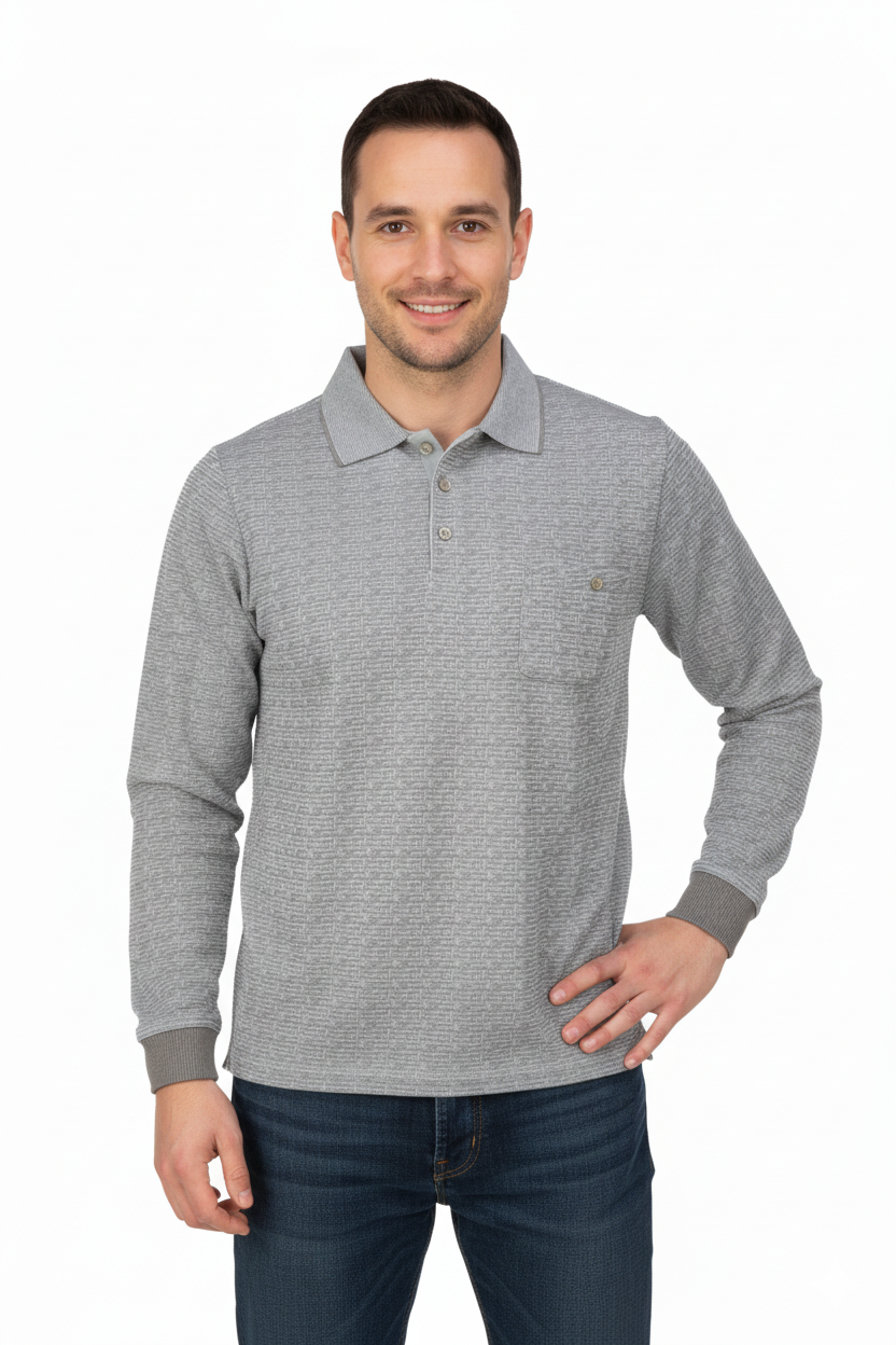 Erkek Mevsimlik Kazak Pamuklu Dokuma Düğmeli Polo Yaka Cepli Uzun Kollu Kırçıl Desenli Rahat