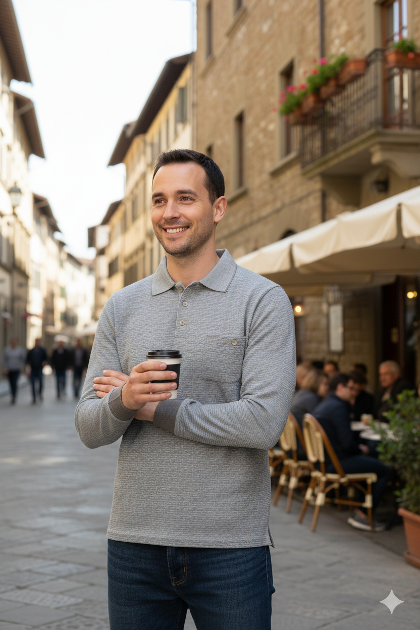 Erkek Mevsimlik Kazak Pamuklu Dokuma Düğmeli Polo Yaka Cepli Uzun Kollu Kırçıl Desenli Rahat