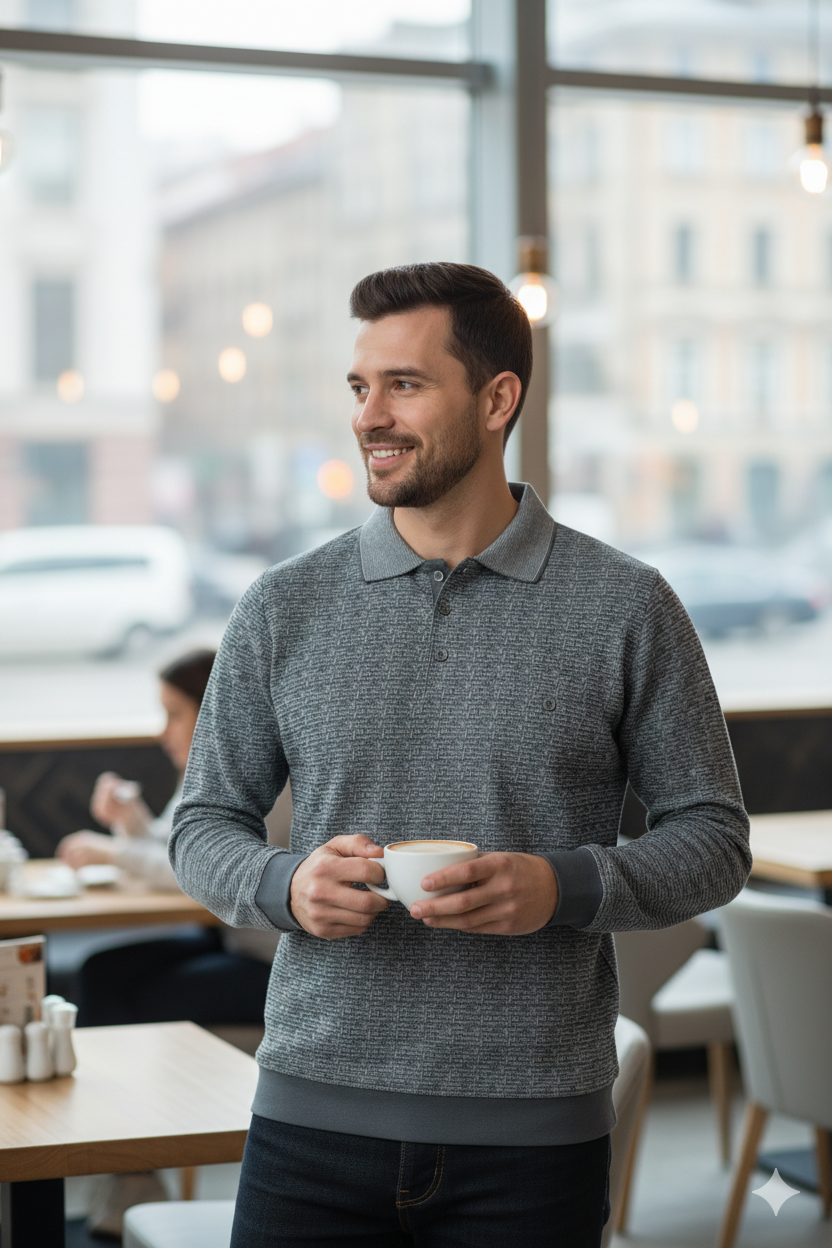 Erkek Mevsimlik Kazak Pamuklu Dokuma Düğmeli Polo Yaka Cepli Uzun Kollu Kırçıl Desenli Rahat