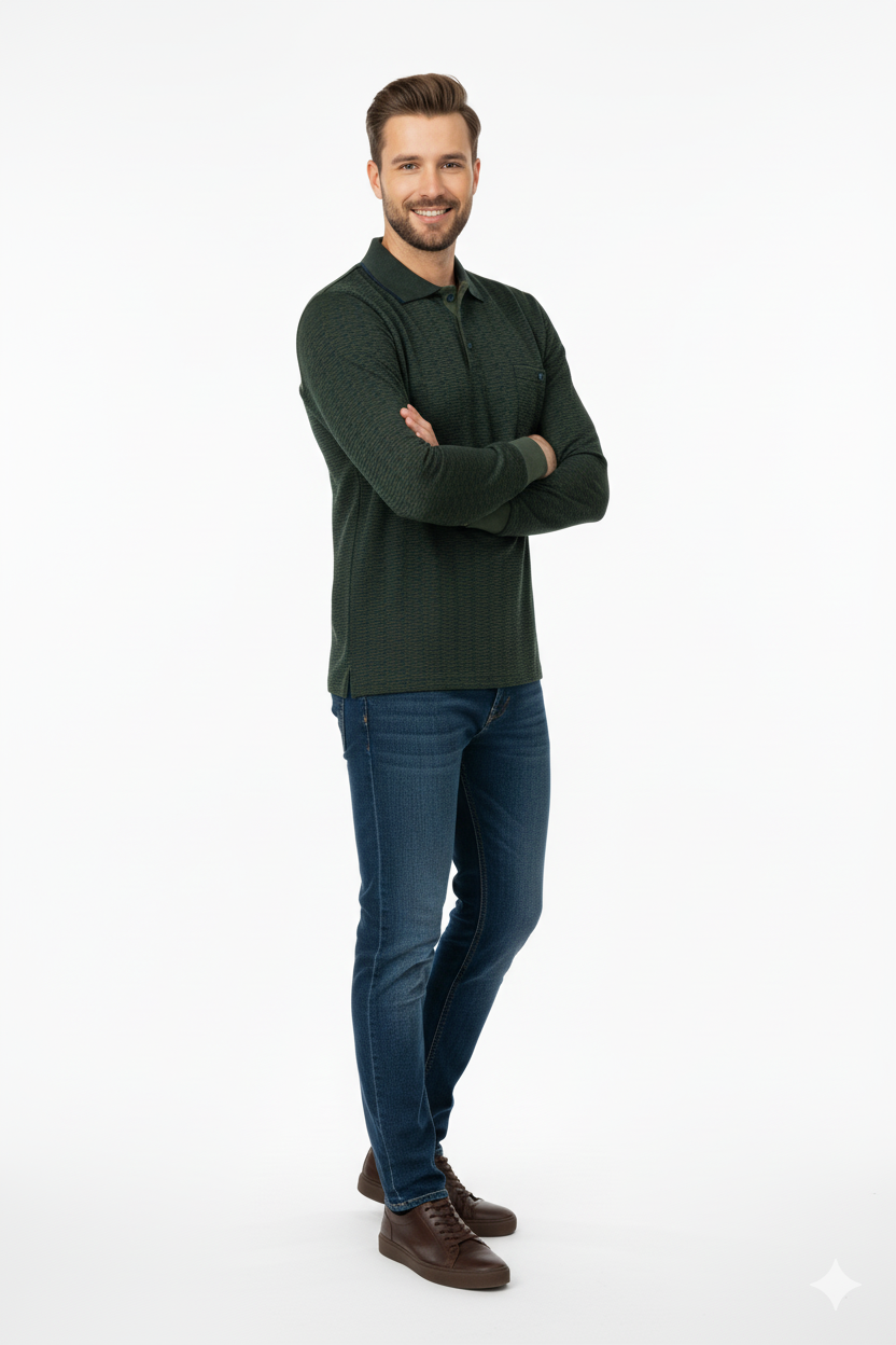 Erkek Mevsimlik Kazak Pamuklu Dokuma Düğmeli Polo Yaka Cepli Uzun Kollu Kırçıl Desenli Rahat