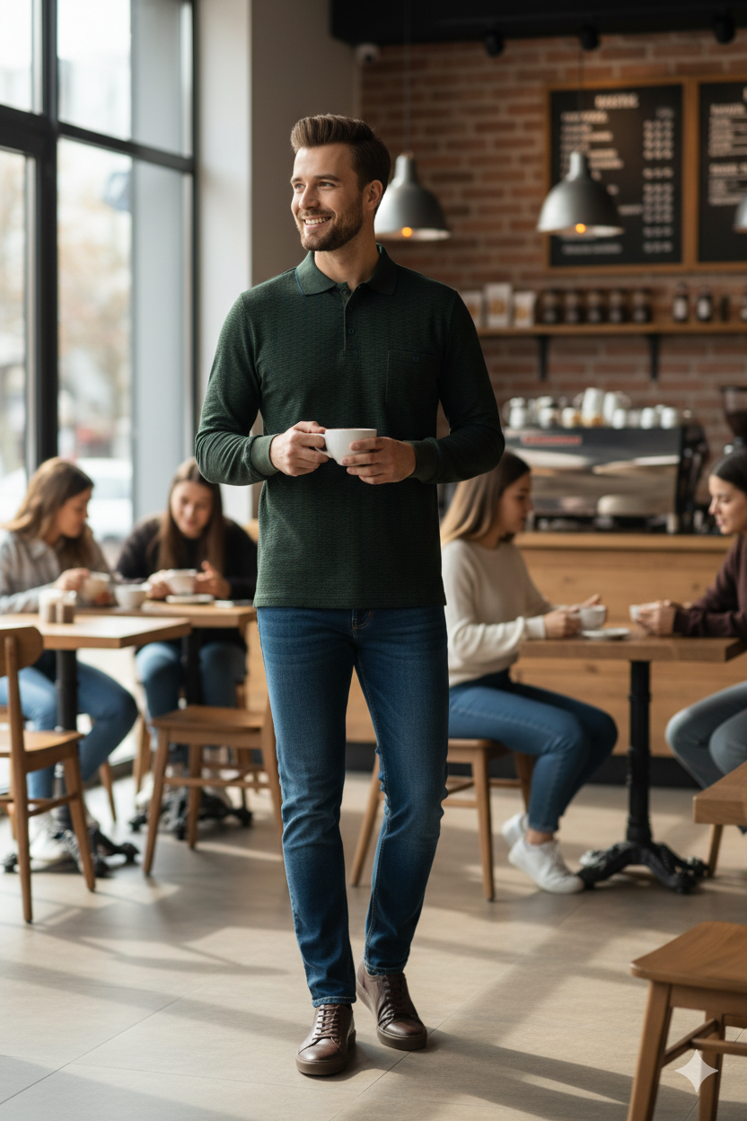 Erkek Mevsimlik Kazak Pamuklu Dokuma Düğmeli Polo Yaka Cepli Uzun Kollu Kırçıl Desenli Rahat