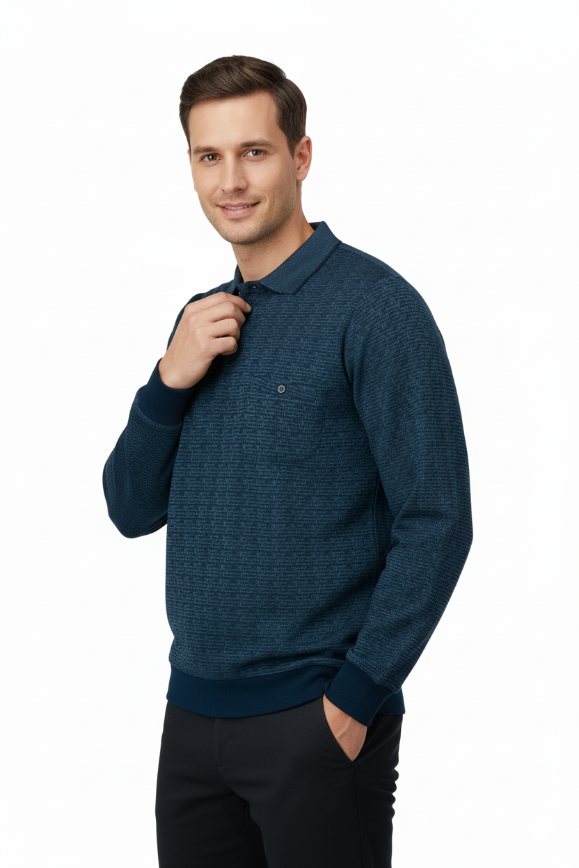 Erkek Mevsimlik Kazak Pamuklu Dokuma Düğmeli Polo Yaka Cepli Uzun Kollu Kırçıl Desenli Rahat