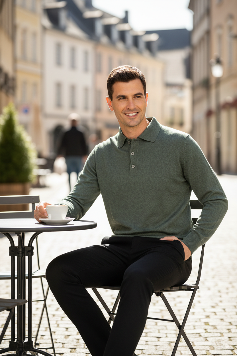 Erkek Yünlü Dokuma Kazak Cepsiz Polo Yaka Düz Renk Klasik Model Rahat Kesim Tam Kalıp