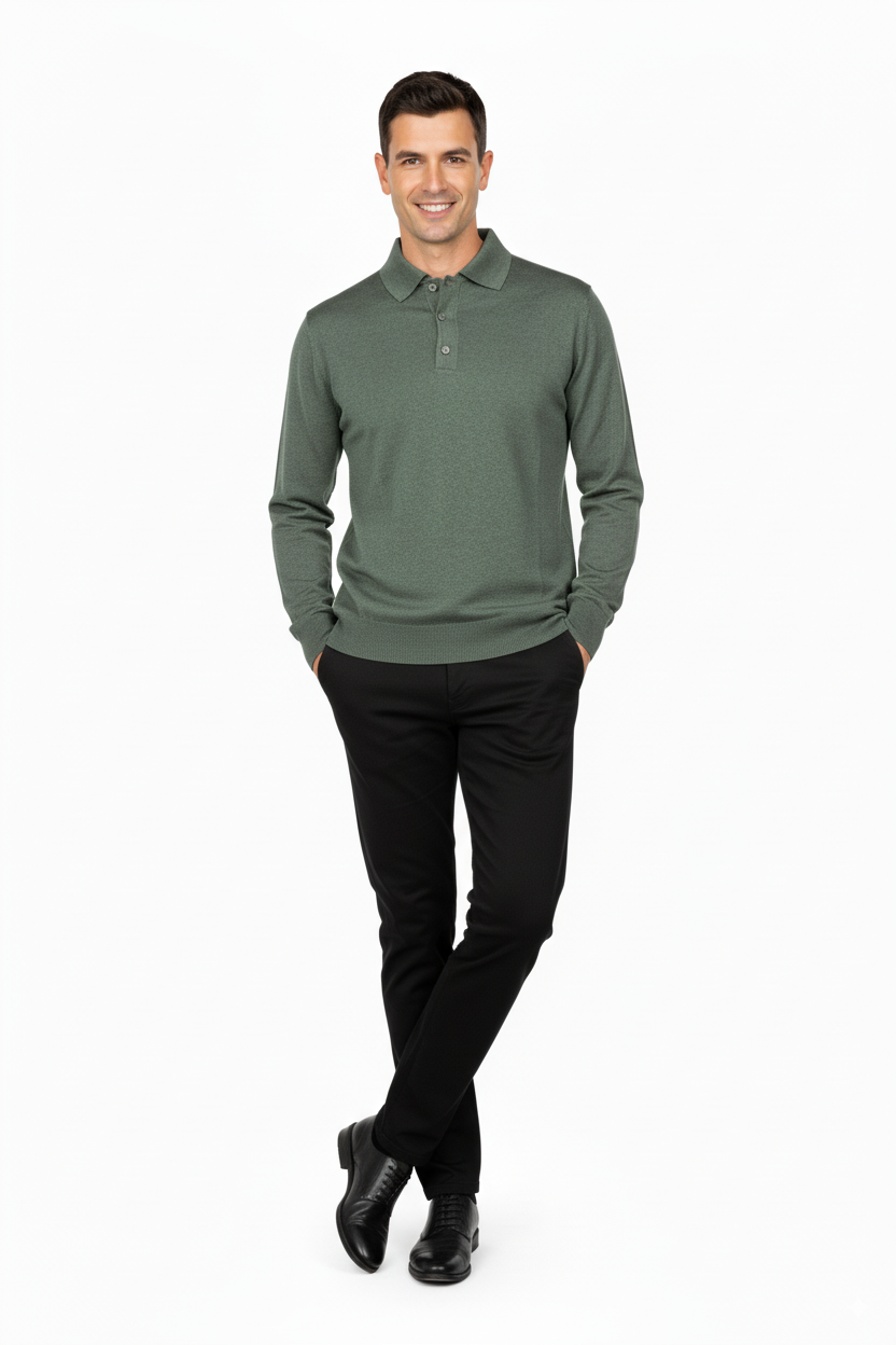 Erkek Yünlü Dokuma Kazak Cepsiz Polo Yaka Düz Renk Klasik Model Rahat Kesim Tam Kalıp