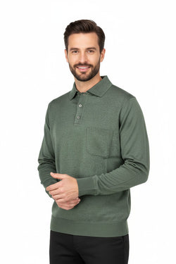 Erkek Uzun Kollu Polo Yaka Klasik Model Cepli Rahat Kesim Tam Kalıp Yünlü Dokuma Kazak
