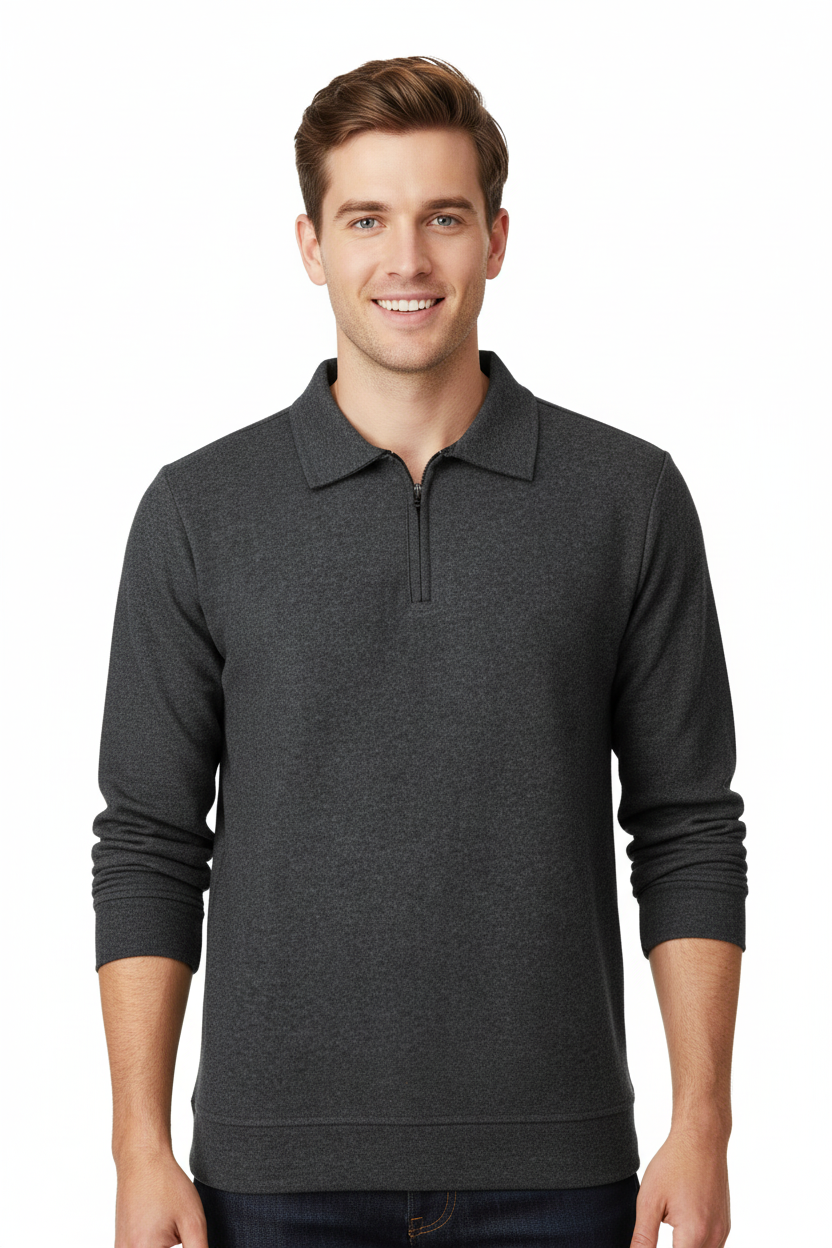 Erkek Kışlık Kazak Pamuklu Dokuma Yarım Fermuarlı Polo Yaka Uzun Kollu Düz Renk Rahat Kesim