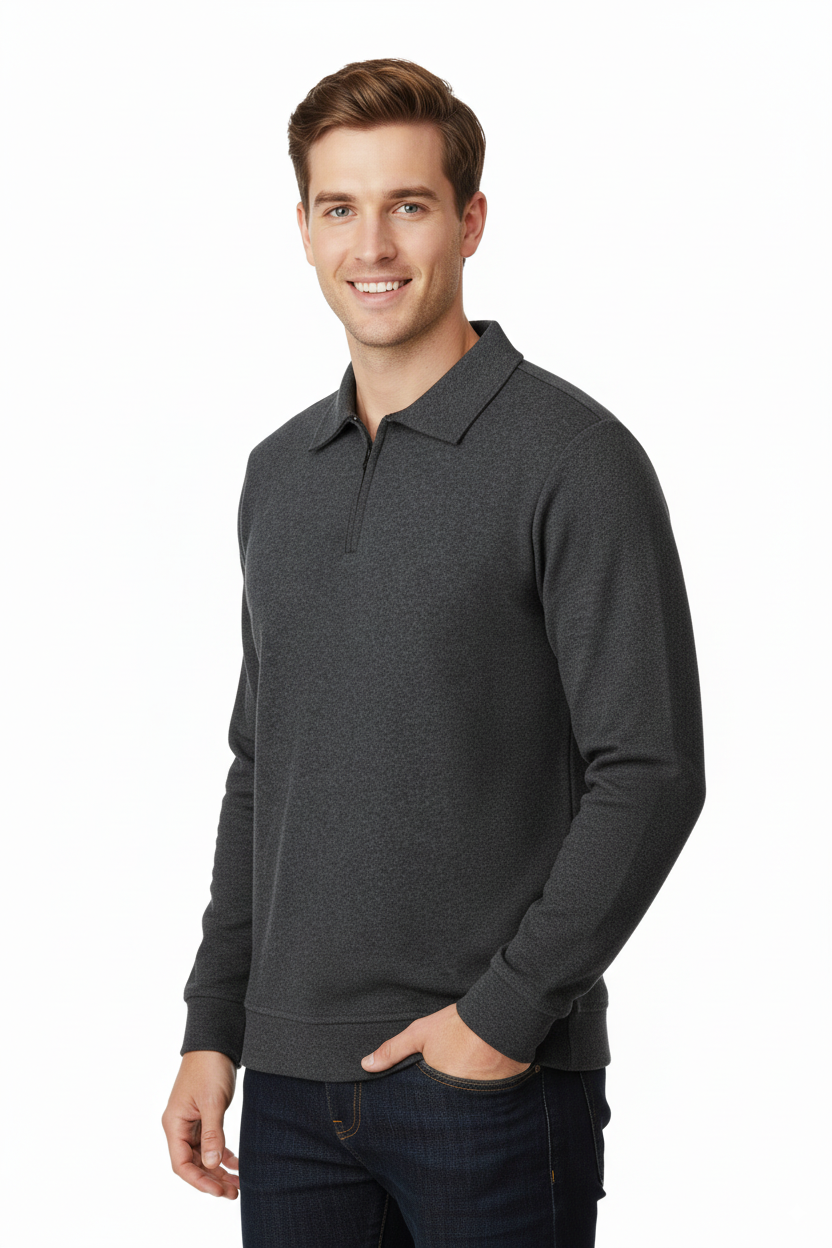 Erkek Kışlık Kazak Pamuklu Dokuma Yarım Fermuarlı Polo Yaka Uzun Kollu Düz Renk Rahat Kesim