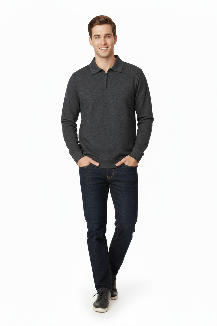 Erkek Kışlık Kazak Pamuklu Dokuma Yarım Fermuarlı Polo Yaka Uzun Kollu Düz Renk Rahat Kesim