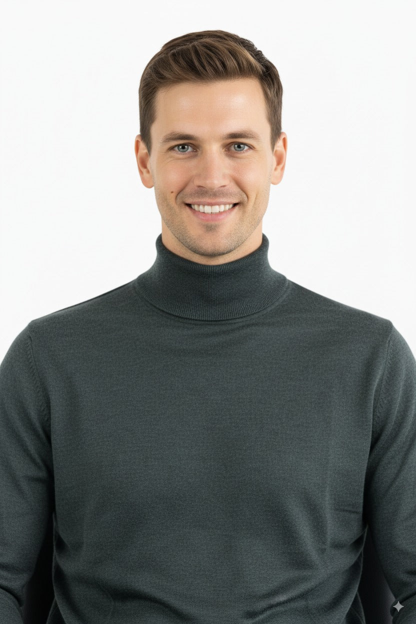 Erkek Uzun Kollu Tam Boğazlı Yaka Klasik Model Rahat Kesim Tam Kalıp Yünlü Dokuma Kazak