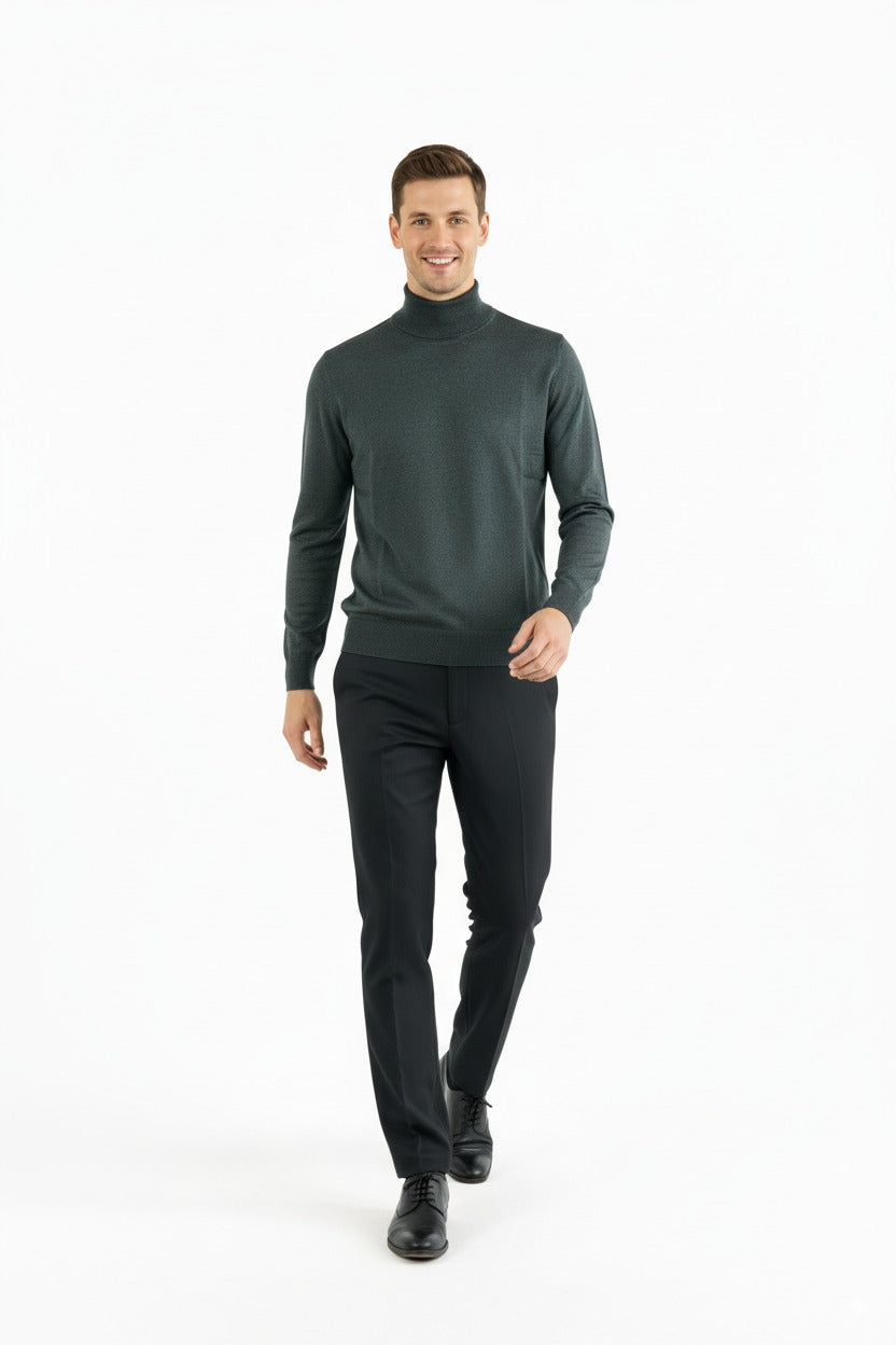 Erkek Uzun Kollu Tam Boğazlı Yaka Klasik Model Rahat Kesim Tam Kalıp Yünlü Dokuma Kazak