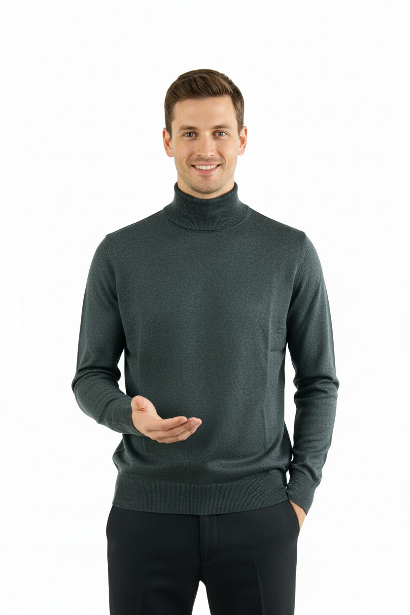 Erkek Uzun Kollu Tam Boğazlı Yaka Klasik Model Rahat Kesim Tam Kalıp Yünlü Dokuma Kazak