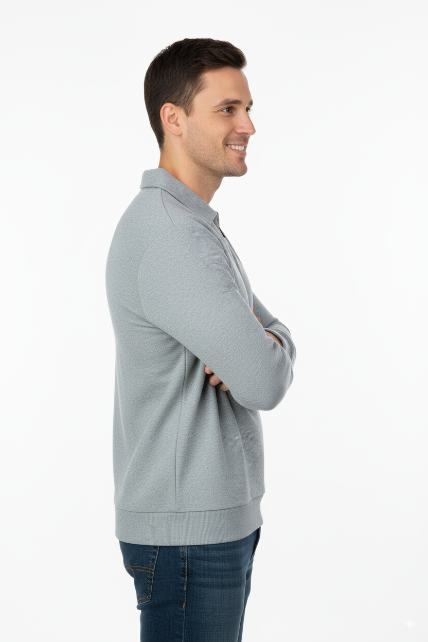 Erkek Kışlık Kazak Pamuklu Dokuma Yarım Fermuarlı Polo Yaka Uzun Kollu Düz Renk Rahat Kesim