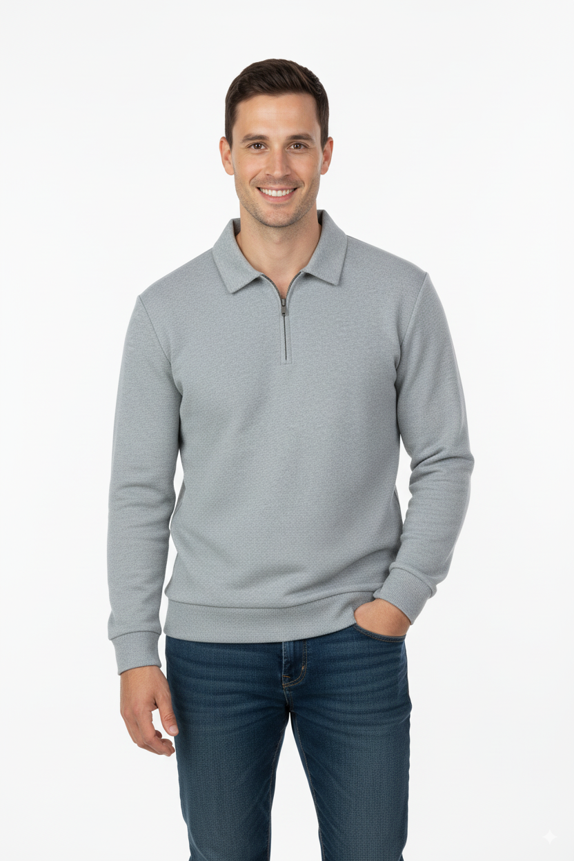 Erkek Kışlık Kazak Pamuklu Dokuma Yarım Fermuarlı Polo Yaka Uzun Kollu Düz Renk Rahat Kesim