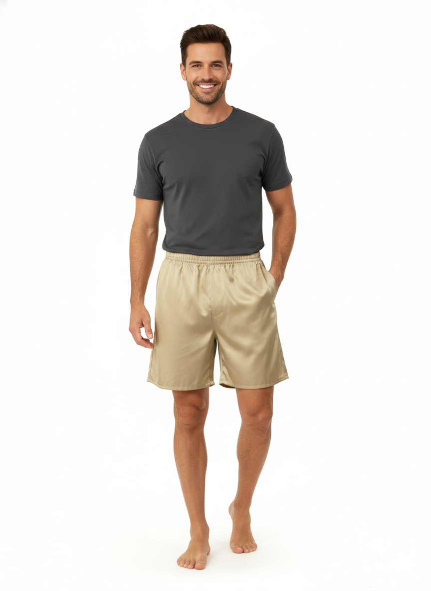 Oppland Erkek Saten Kumaş Şort Düz Renk Beli Lastikli Cepsiz Rahat Kesim Hafif Kumaş