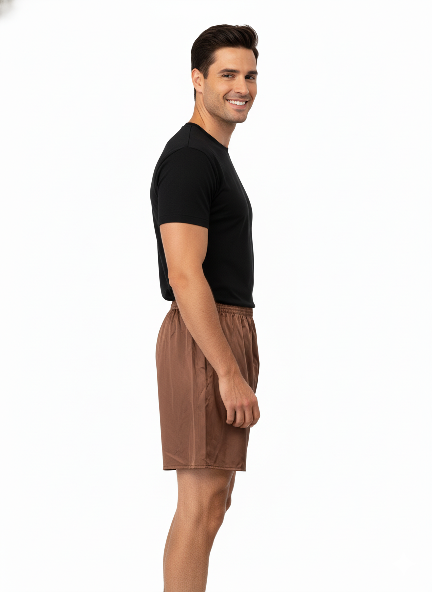 Oppland Erkek Saten Kumaş Şort Düz Renk Beli Lastikli Cepsiz Rahat Kesim Hafif Kumaş