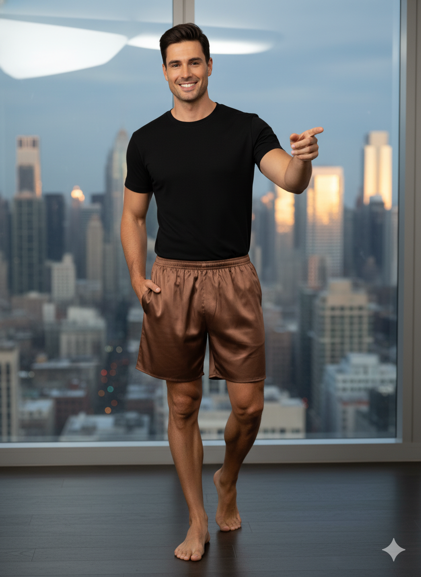 Oppland Erkek Saten Kumaş Şort Düz Renk Beli Lastikli Cepsiz Rahat Kesim Hafif Kumaş