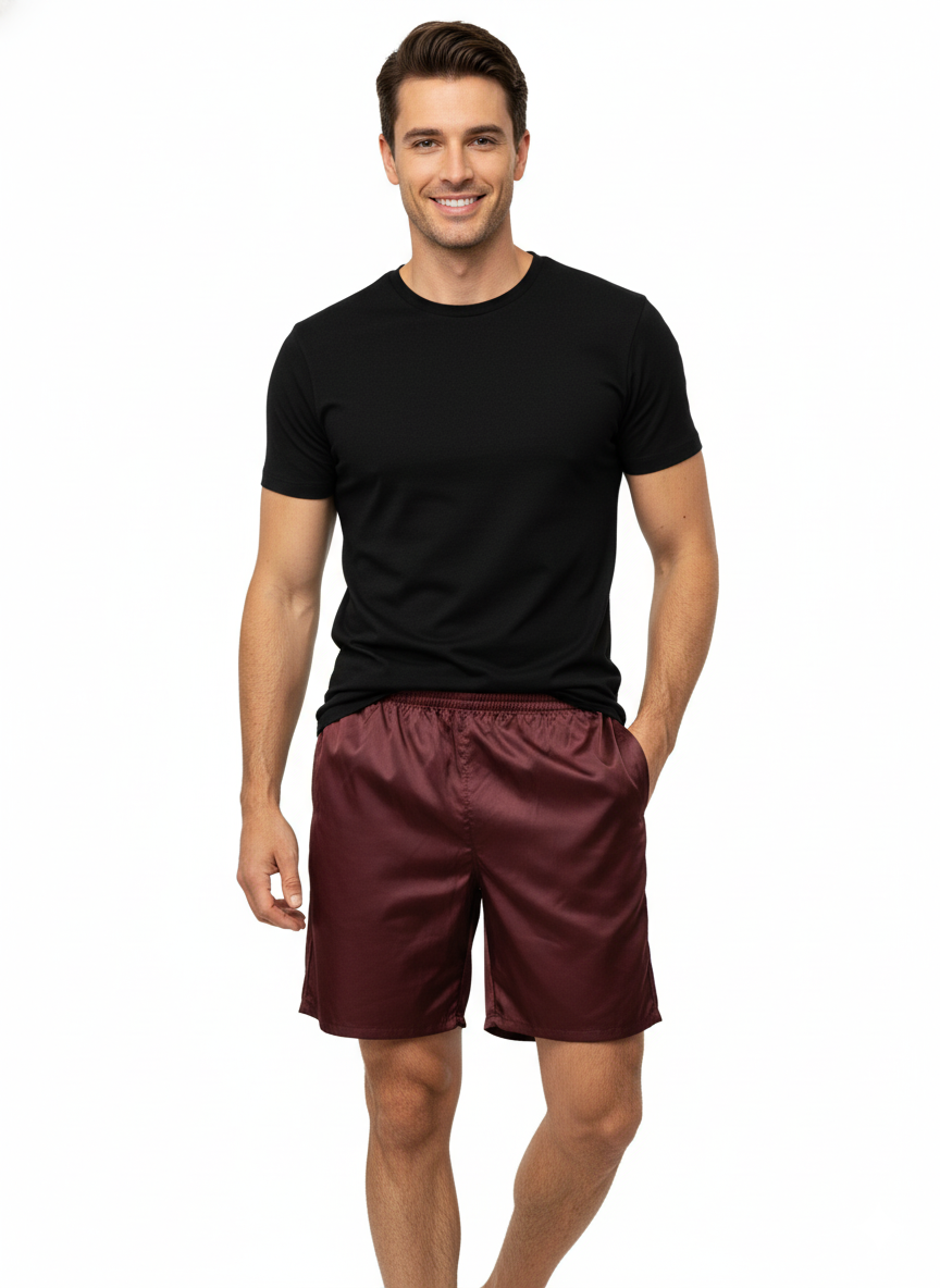 Oppland Erkek Saten Kumaş Şort Düz Renk Beli Lastikli Cepsiz Rahat Kesim Hafif Kumaş