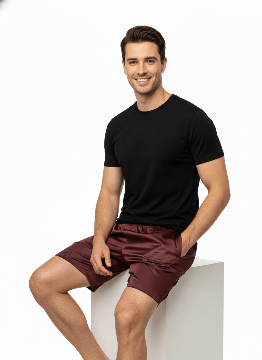 Oppland Erkek Saten Kumaş Şort Düz Renk Beli Lastikli Cepsiz Rahat Kesim Hafif Kumaş