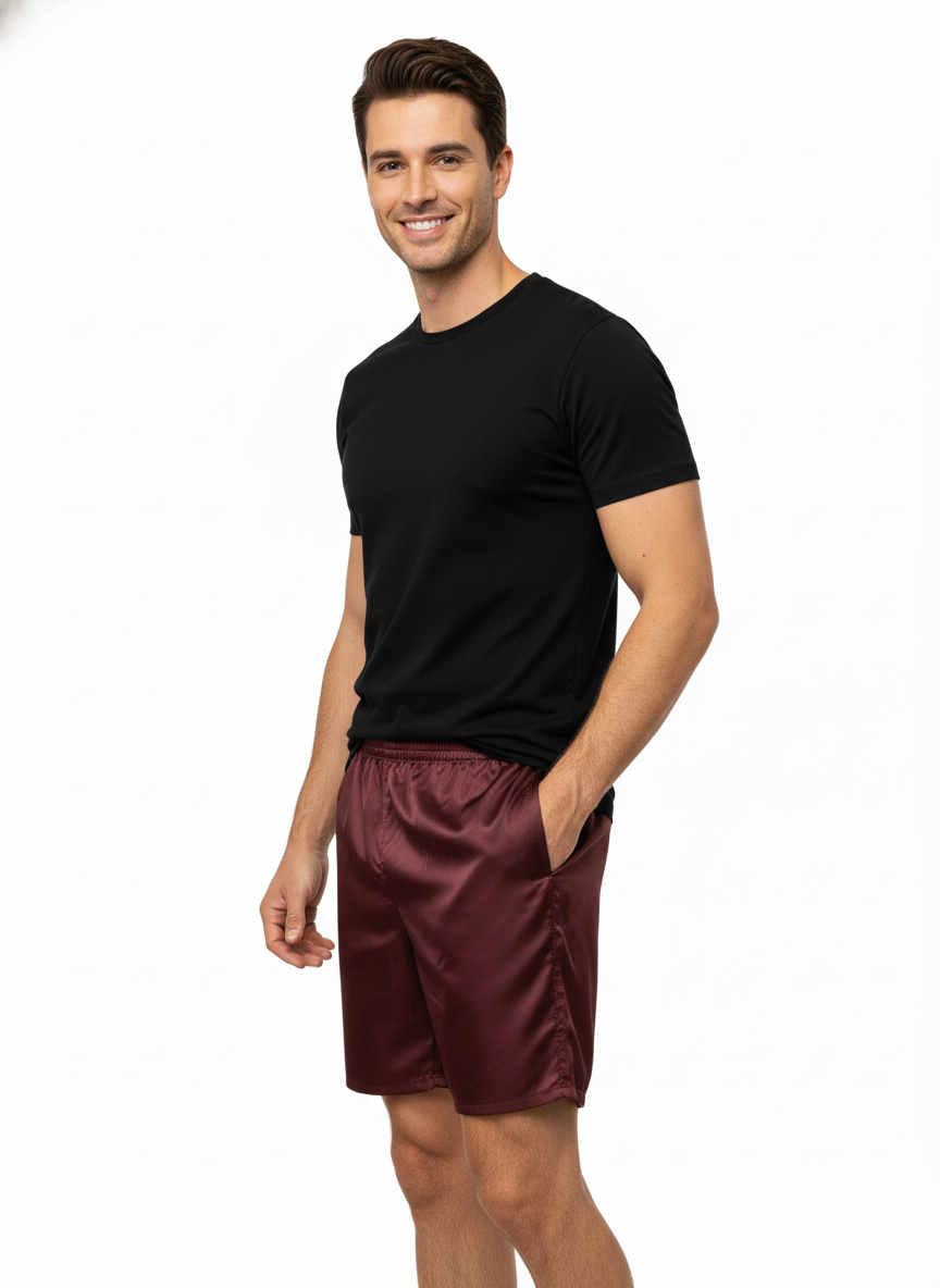 Oppland Erkek Saten Kumaş Şort Düz Renk Beli Lastikli Cepsiz Rahat Kesim Hafif Kumaş