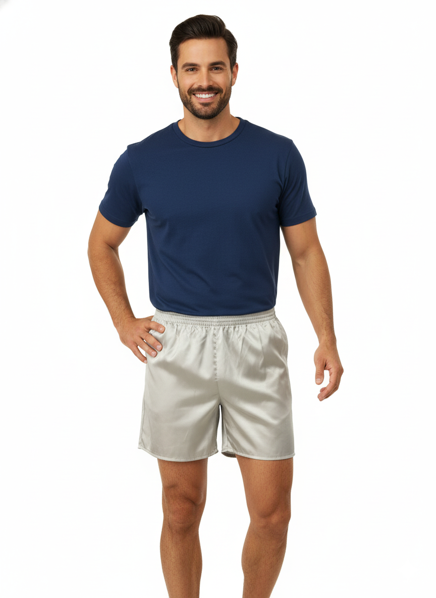 Oppland Erkek Saten Kumaş Şort Düz Renk Beli Lastikli Cepsiz Rahat Kesim Hafif Kumaş