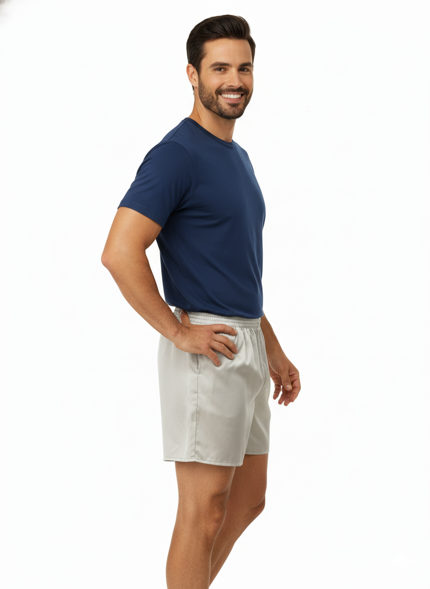 Oppland Erkek Saten Kumaş Şort Düz Renk Beli Lastikli Cepsiz Rahat Kesim Hafif Kumaş