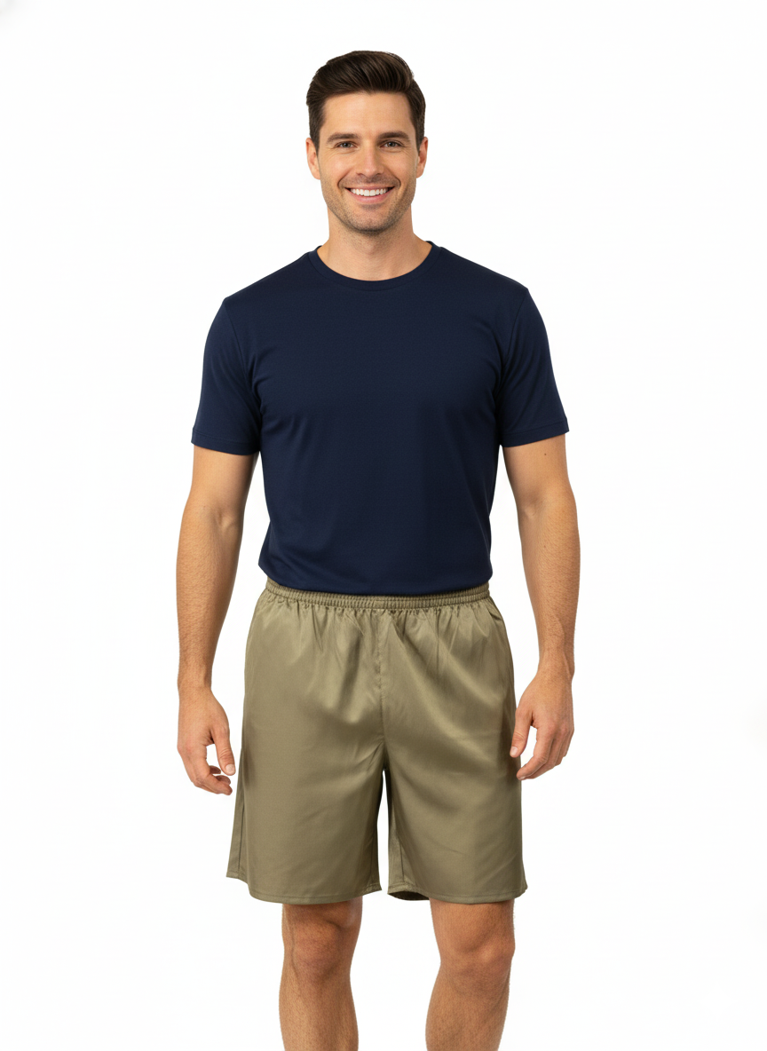 Oppland Erkek Saten Kumaş Şort Düz Renk Beli Lastikli Cepsiz Rahat Kesim Hafif Kumaş