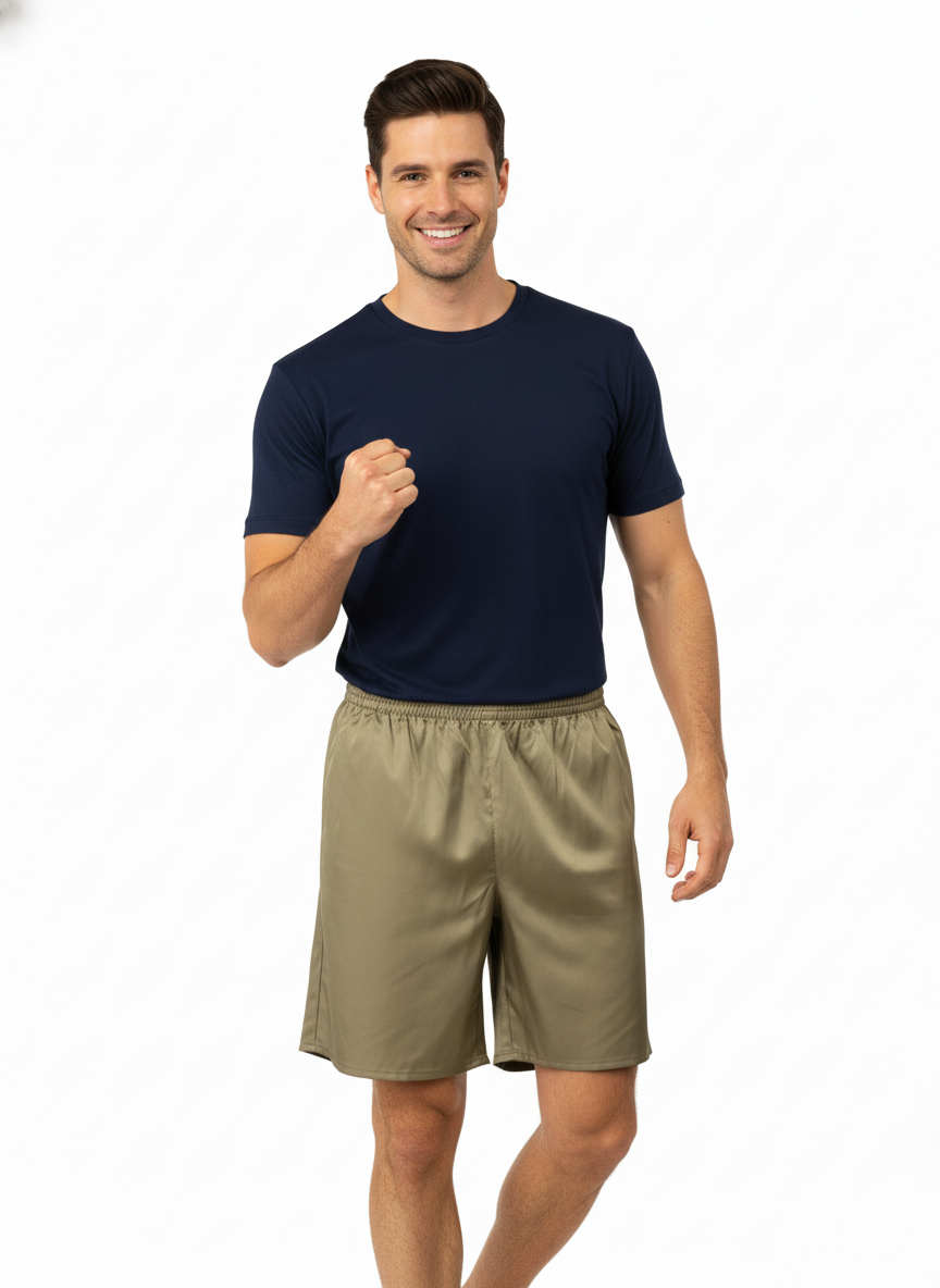 Oppland Erkek Saten Kumaş Şort Düz Renk Beli Lastikli Cepsiz Rahat Kesim Hafif Kumaş