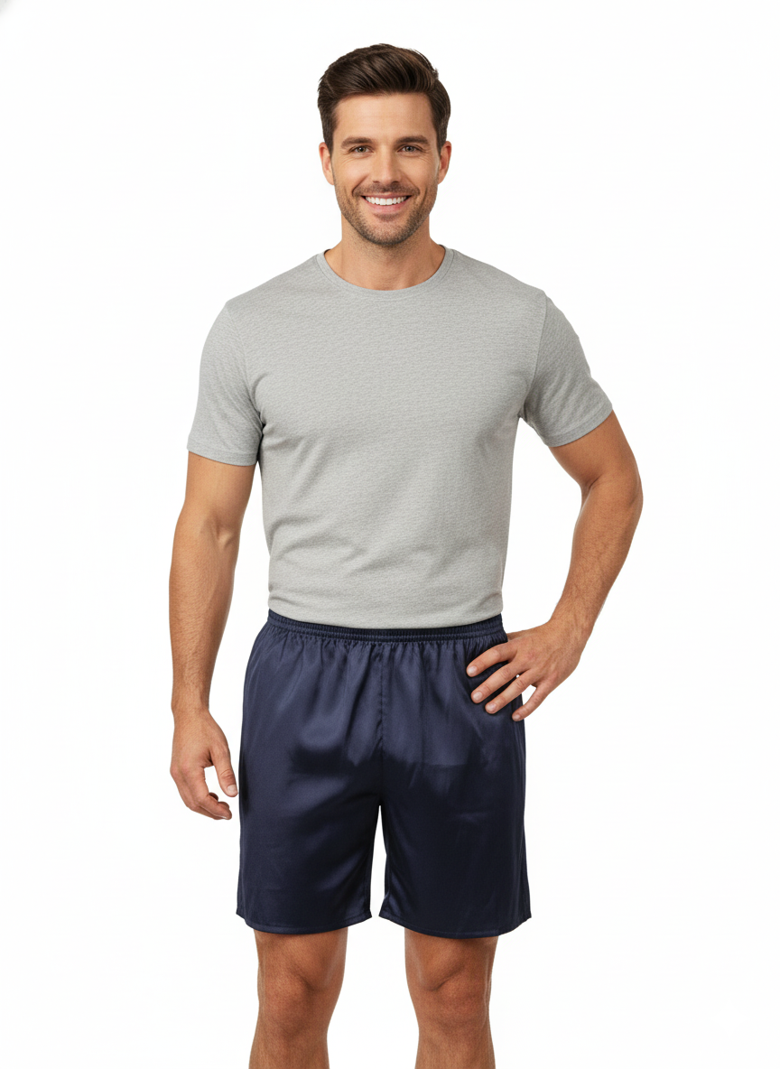 Oppland Erkek Saten Kumaş Şort Düz Renk Beli Lastikli Cepsiz Rahat Kesim Hafif Kumaş