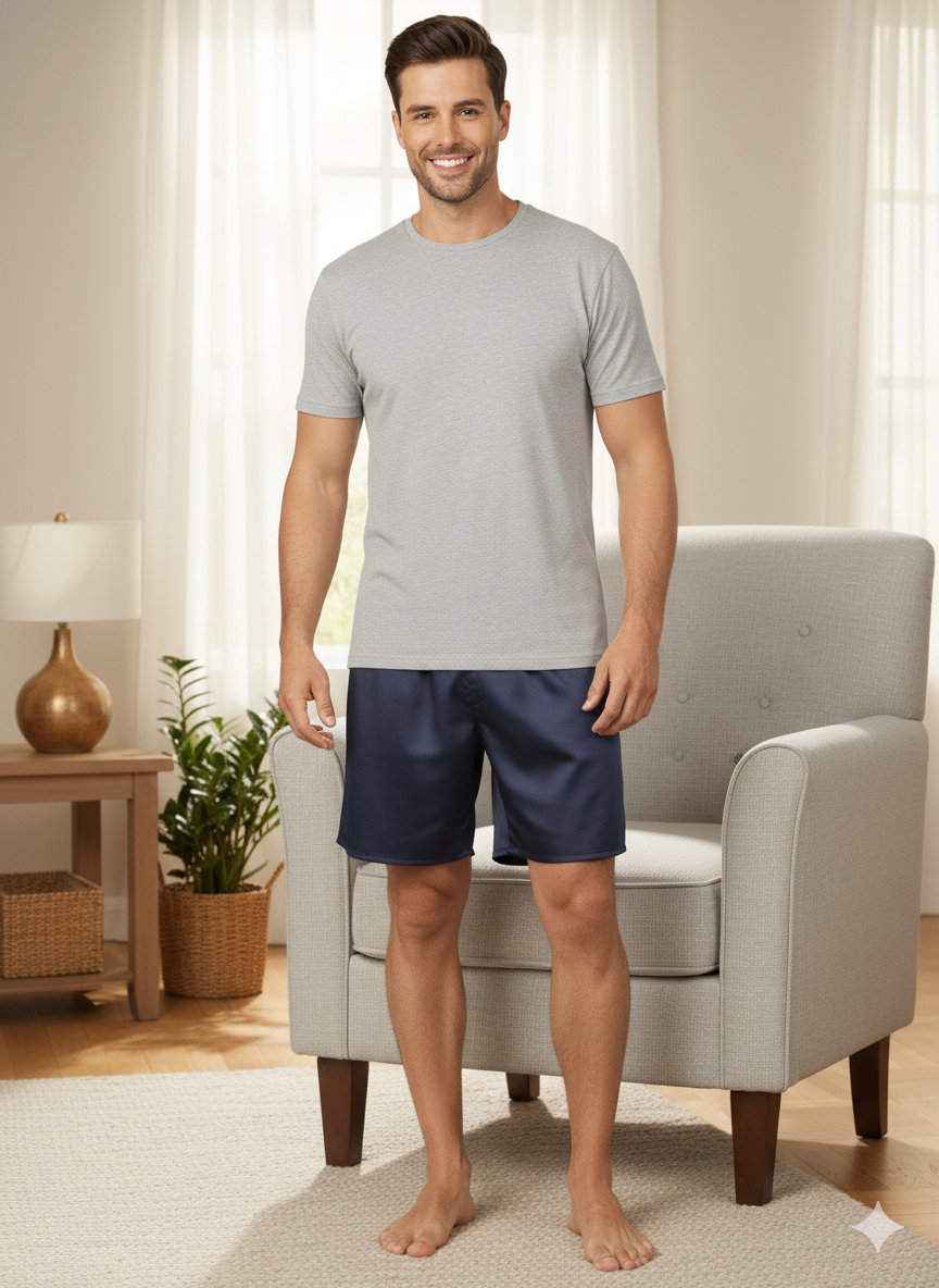 Oppland Erkek Saten Kumaş Şort Düz Renk Beli Lastikli Cepsiz Rahat Kesim Hafif Kumaş