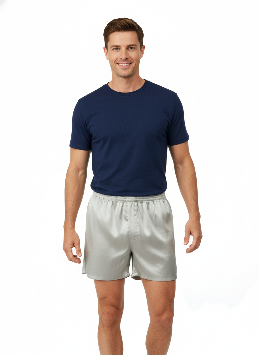 Oppland Erkek Saten Kumaş Şort Düz Renk Beli Lastikli Cepsiz Rahat Kesim Hafif Kumaş