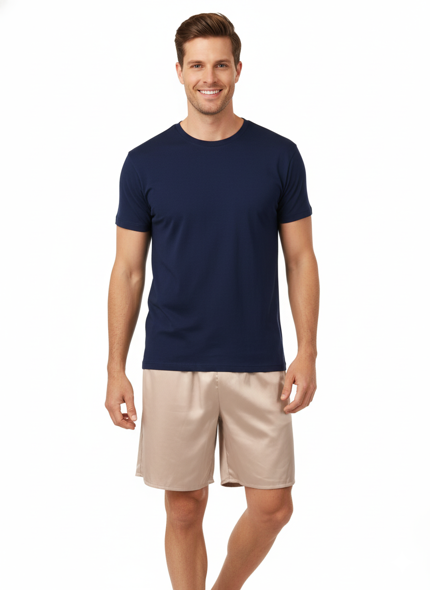 Oppland Erkek Saten Kumaş Şort Düz Renk Beli Lastikli Cepsiz Rahat Kesim Hafif Kumaş