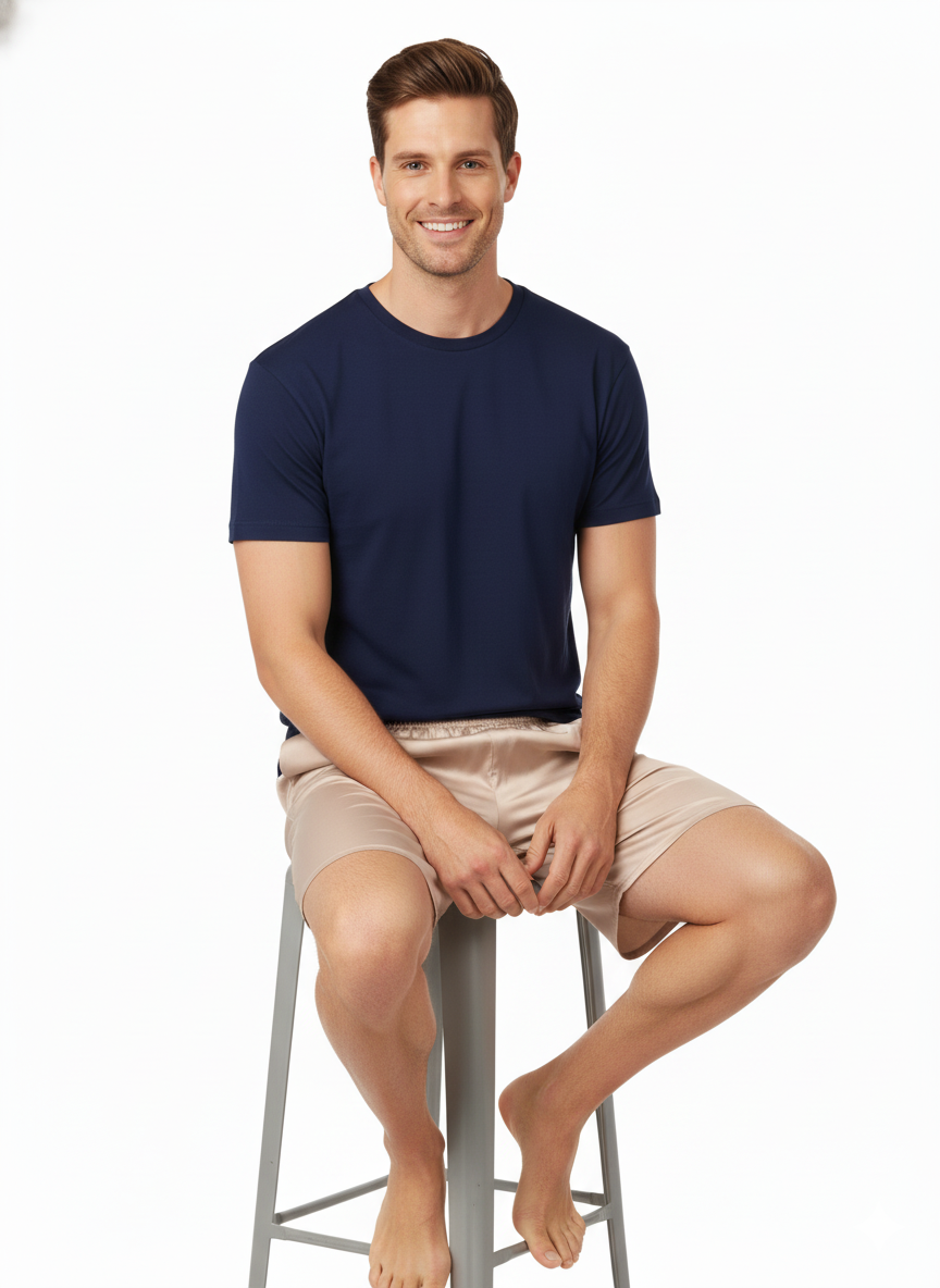 Oppland Erkek Saten Kumaş Şort Düz Renk Beli Lastikli Cepsiz Rahat Kesim Hafif Kumaş