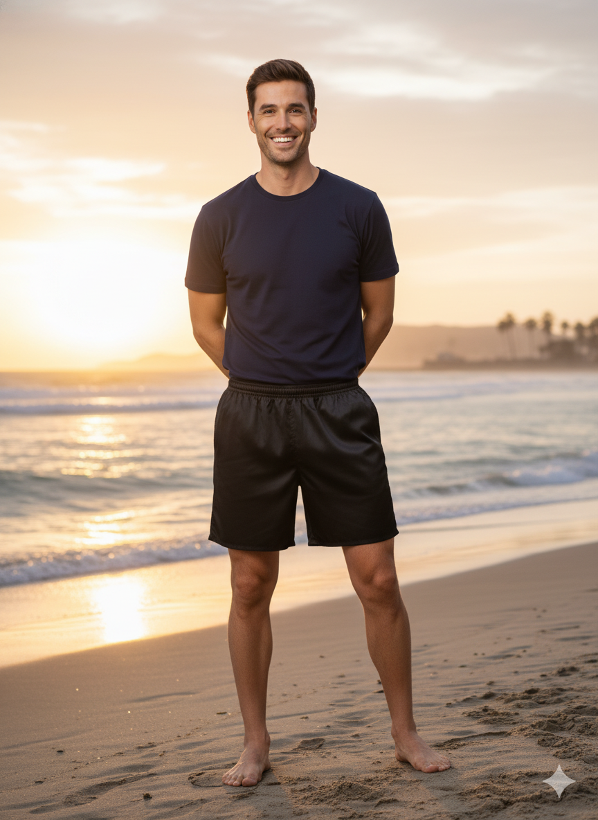 Oppland Erkek Saten Kumaş Şort Düz Renk Beli Lastikli Cepsiz Rahat Kesim Hafif Kumaş